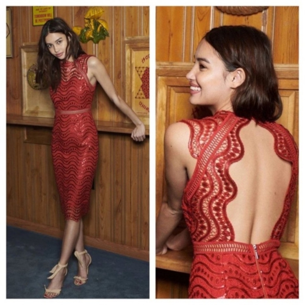 Saylor Anthropologie Large Ciara Sequined Scallop Lace Open-Back Dress in Red
